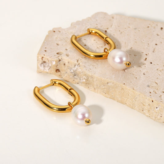 18K Gold Plated - Freshwater Pearl Pendant Hoop Earrings