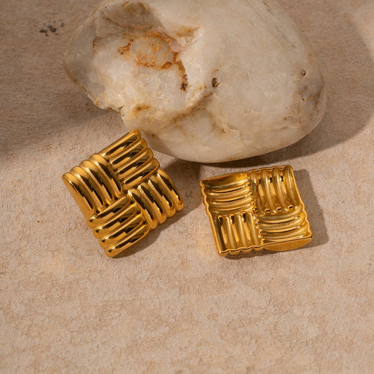 18K Gold Plated - Square Texture Stud Earrings