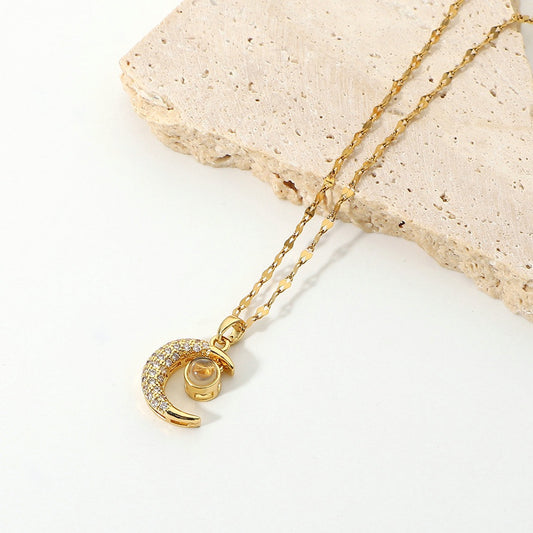 18K Gold Plated - Moon Pendant and Cubic Zirconia Necklace