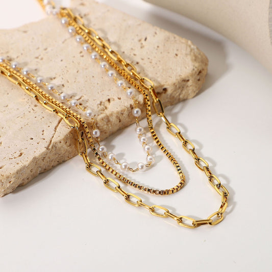 18K Gold Plated - Small Pearl Triple Layer Necklace