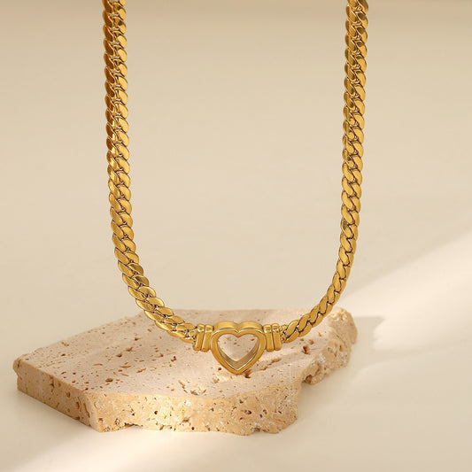 18K Gold Plated - Cuban Link Chain with Heart Necklace