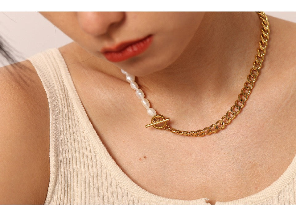 18K Gold Plated - Cuban Link Freshwater Pearl Necklace