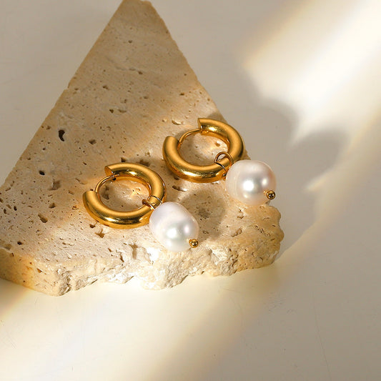 18K Gold Plated - Freshwater Pearl Pendant Hoop Earrings